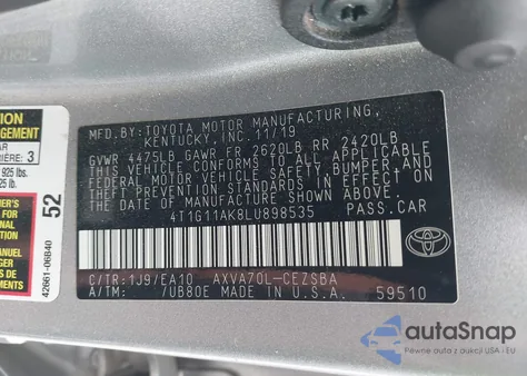 2020 Toyota Camry Se из США, поврежденный, VIN 4T1G11AK8LU898535